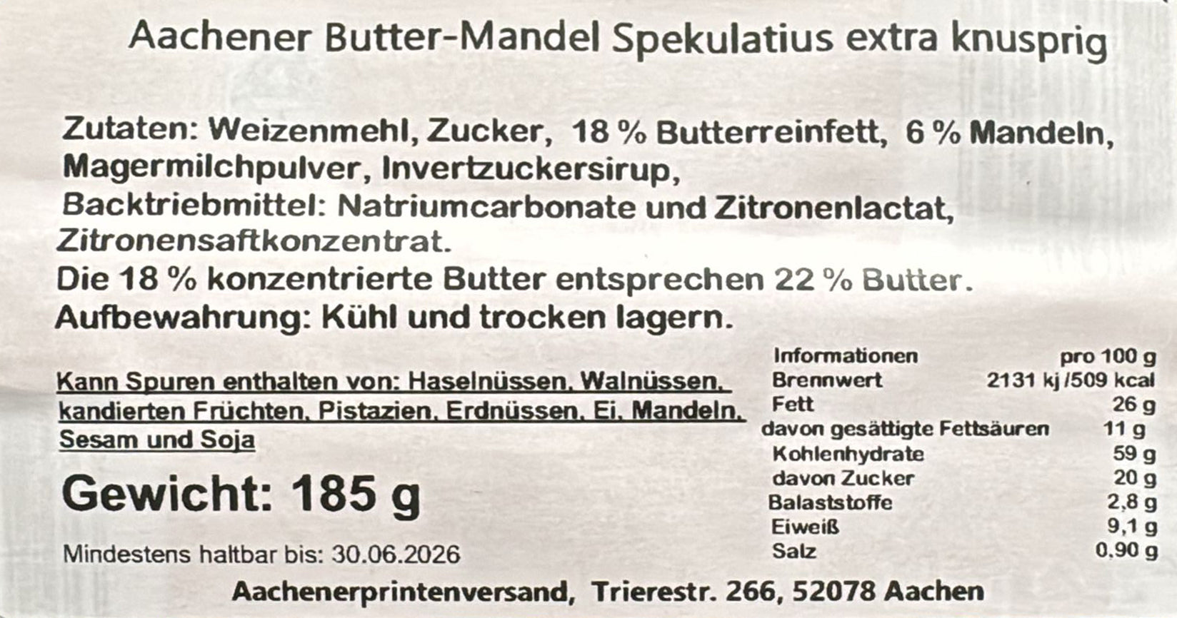 Aachener Mandel-Butterspekulatius nach Hausrezept 5 x 185 g extra dünn knusprig |  925g | MHD:  06/2026