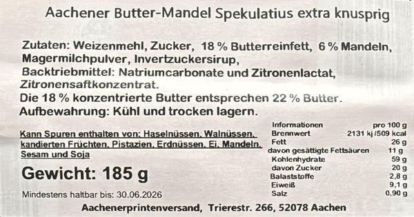 Aachener Mandel-Butterspekulatius nach Hausrezept 5 x 185 g extra dünn knusprig |  925g | MHD:  06/2026