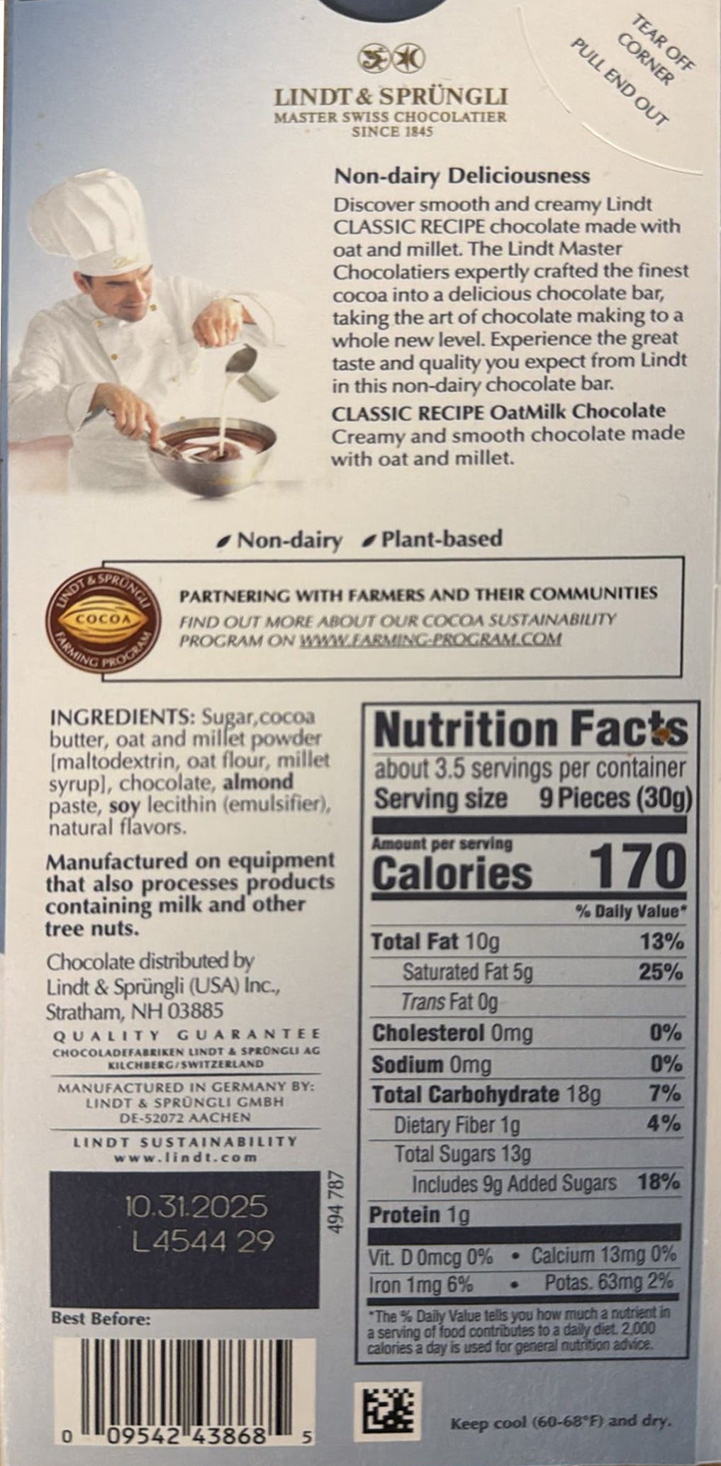 Lindt Vegan Pure Classic Oat vegane Schokoladentafel mit Haferdrink