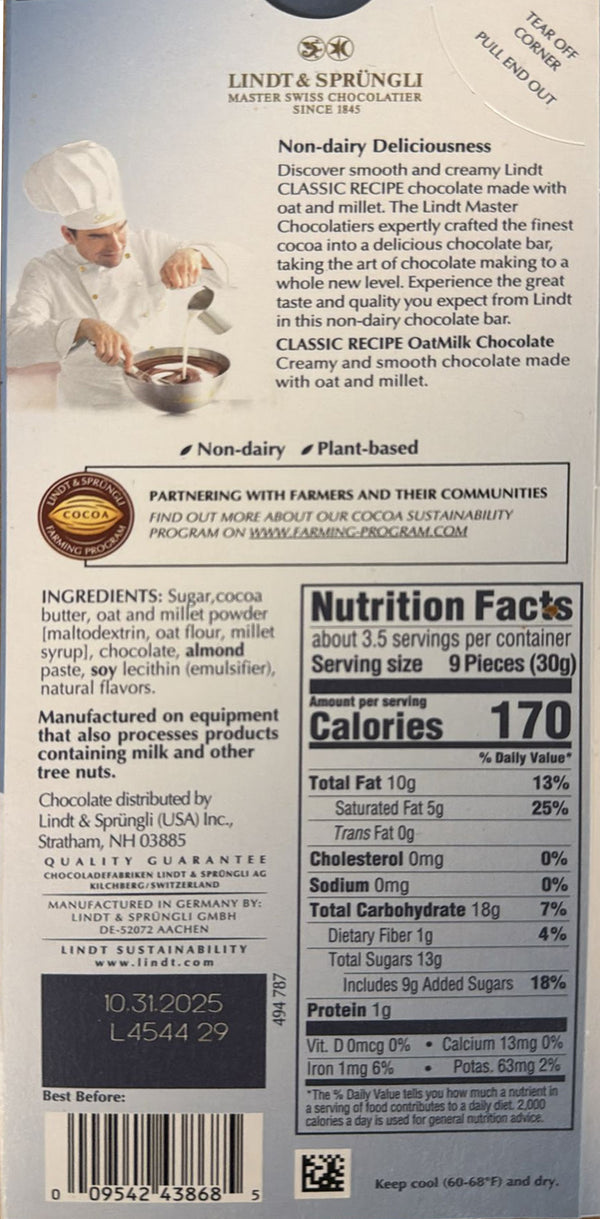 Lindt Vegan Pure Classic Oat vegane Schokoladentafel mit Haferdrink