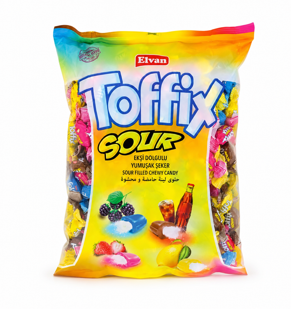 TOFFIX SOUR fruchtig gefüllte Kaubonbons sauer von Elvan Wurfmaterial 1000g