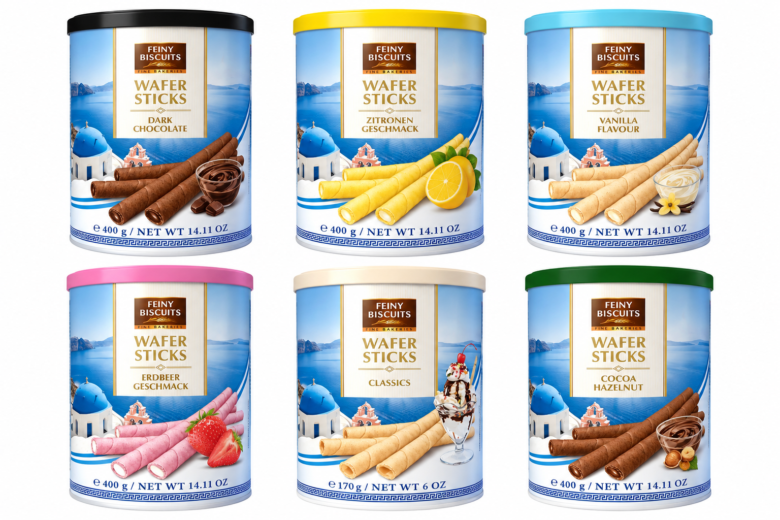 Feiny Biscuit Waffelröllchen 6er Probierpaket – Vanille, Erdbeere, Zitrone, Schokolade, Kakao-Haselnuss & ohne Füllung – 5 x 400 g + 170 g