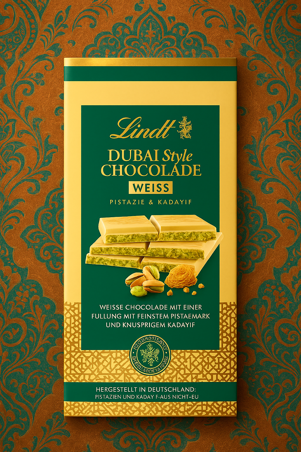 LINDT Dubai Style WEISS Chocolade Pistazie & Kadayif weisse Schokolade der Dubai Taste 150g | MHD 12/25