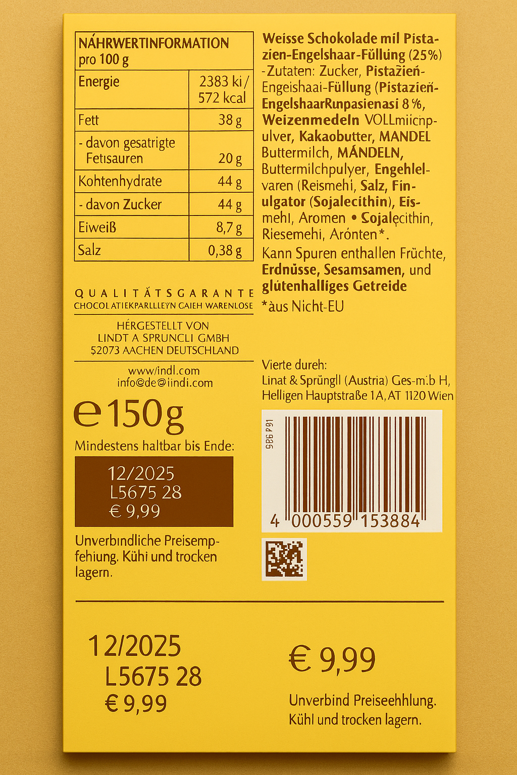 LINDT Dubai Style WEISS Chocolade Pistazie & Kadayif weisse Schokolade der Dubai Taste 150g | MHD 12/25