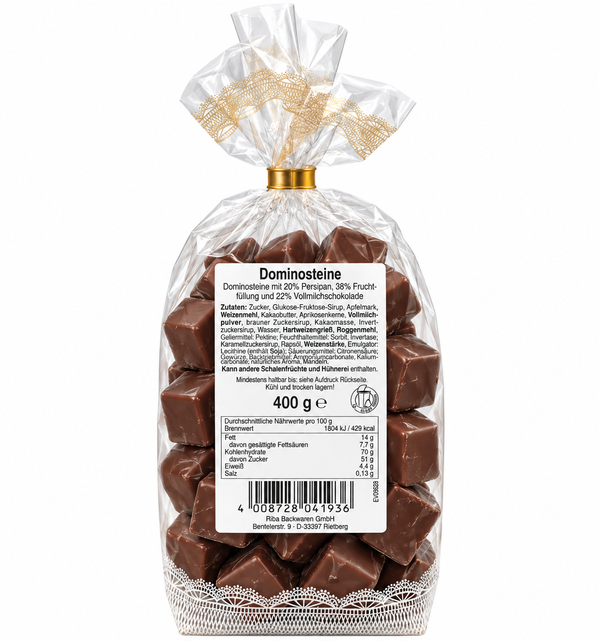 Dominosteine mit Vollmilchschokolade 400 g – mit Persipan & Fruchtfüllung