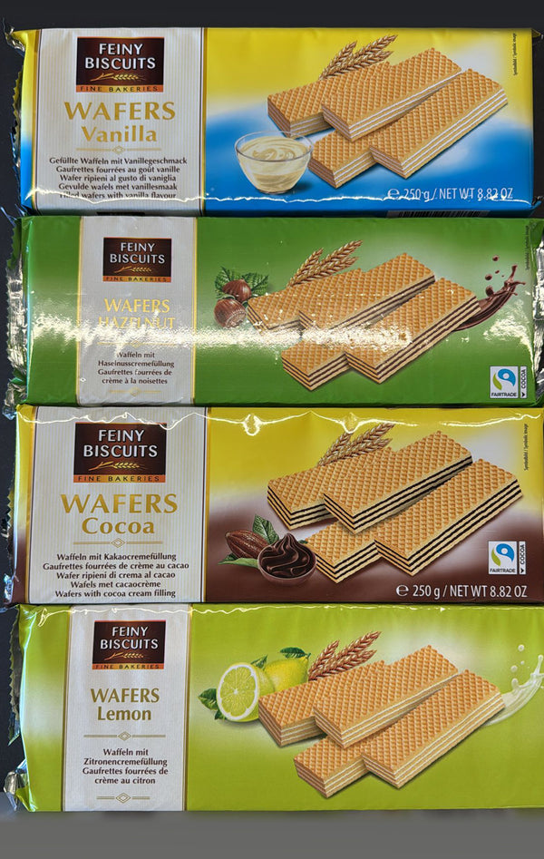 Feiny Biscuit 4x 250g Wafer Probierpaket Waffeln Cocoa Vanille Zitrone Haselnuss 1000g