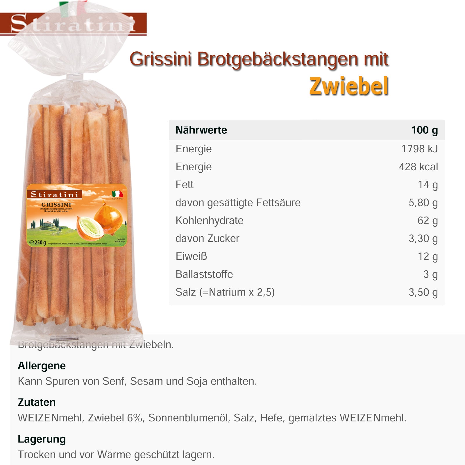 Stiratini | Grissini Brotgebäckstangen mit Zwiebel | 4x 250g |  1000g