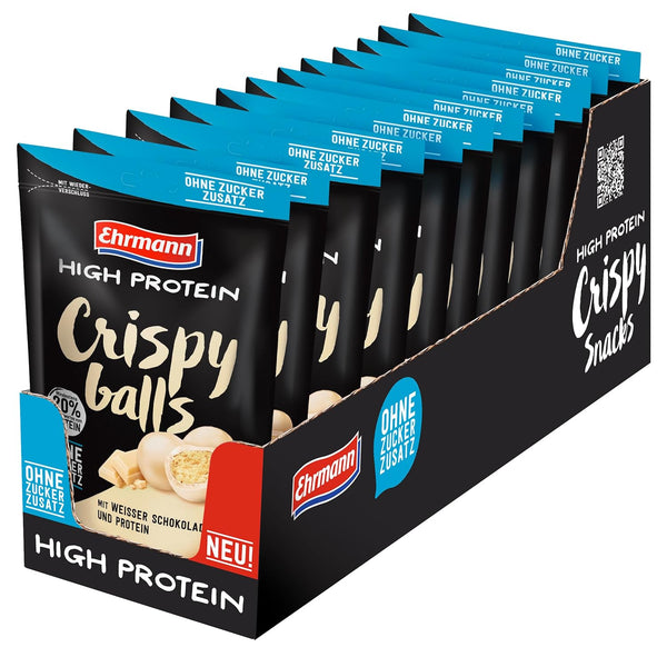 High Protein Crispy Balls in Weisse Schokolade ohne Zucker von Ehrmann 12x55g  Beutel