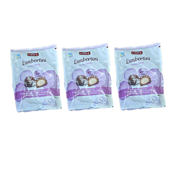 3x140g Lambertz Lambertini mit Marzipanfüllung, umhüllt von Crispies und Vollmilchschokolade