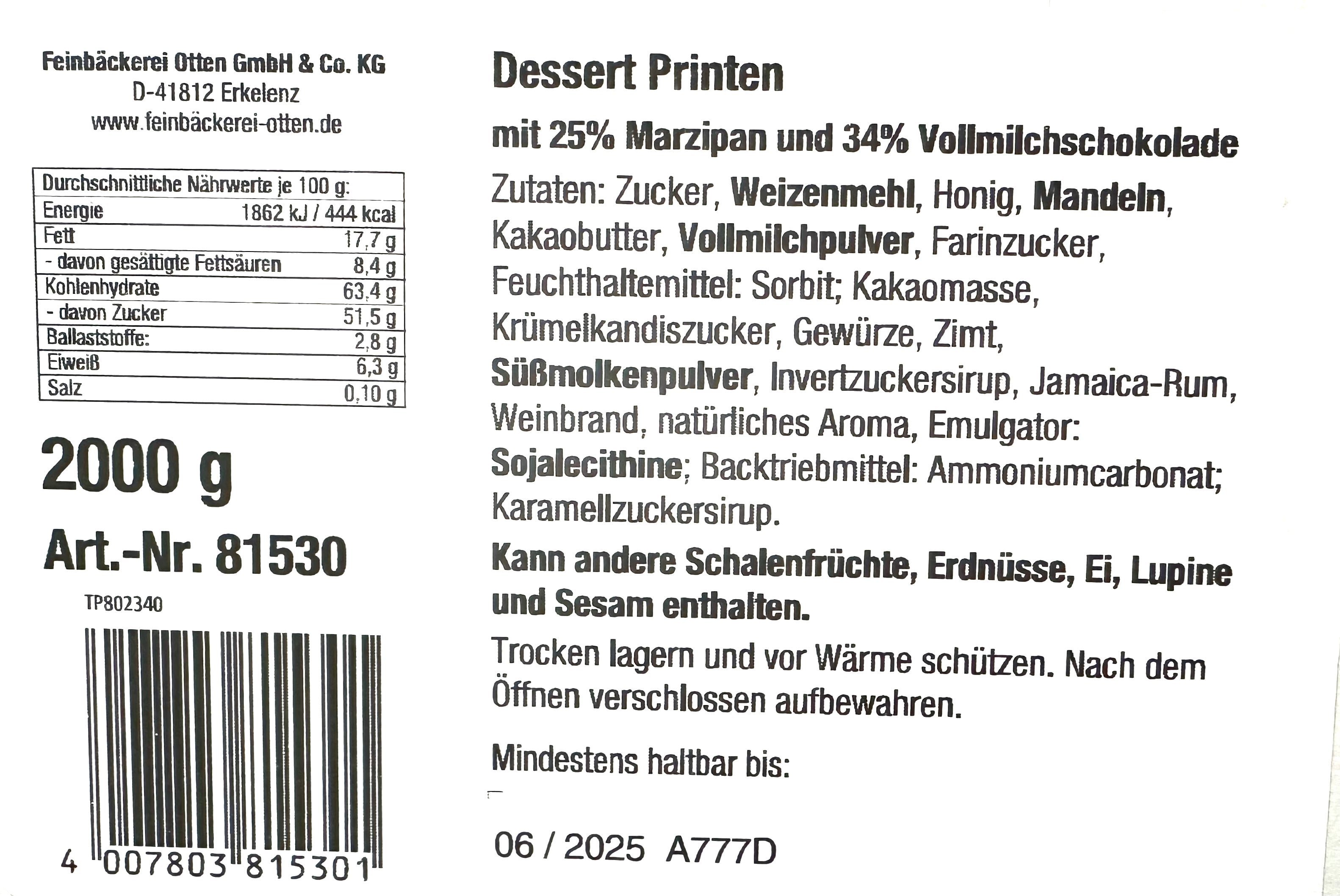 Feinbäckerei Otten Dessert Printen Vollmilch 2000g