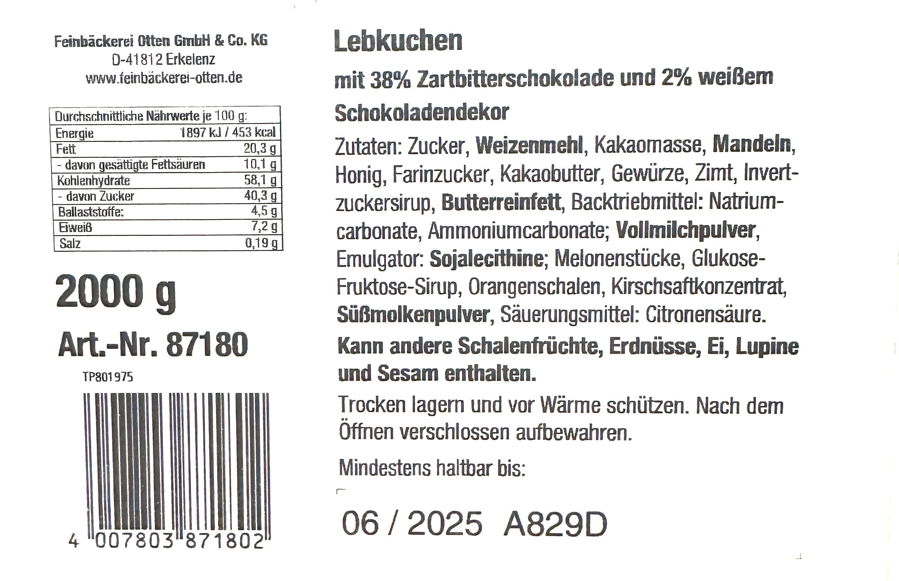 Feinbäckerei Otten Lebkuchen Zartbitter 2000g