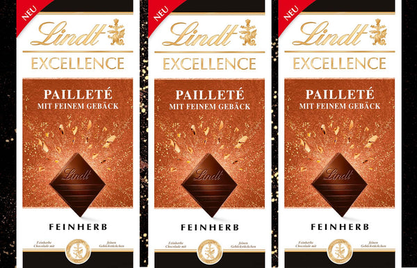3x EXCELLENCE Pailleté mit feinem Gebäck, 100g- LINDT | 3x 100 g Tafel | Edelbitter / Feinherb | 300g