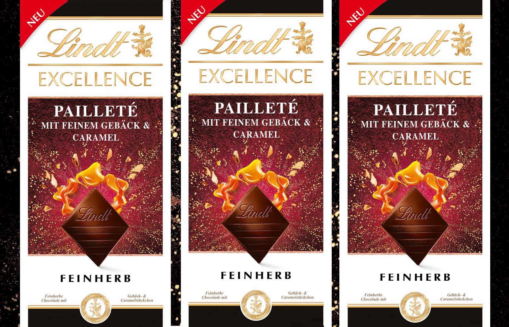 3x EXCELLENCE Pailleté mit feinem Gebäck & Caramel, 100g- LINDT | 3x 100 g Tafel | Edelbitter / Feinherb | 300g