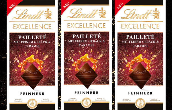 3x EXCELLENCE Pailleté mit feinem Gebäck & Caramel, 100g- LINDT | 3x 100 g Tafel | Edelbitter / Feinherb | 300g