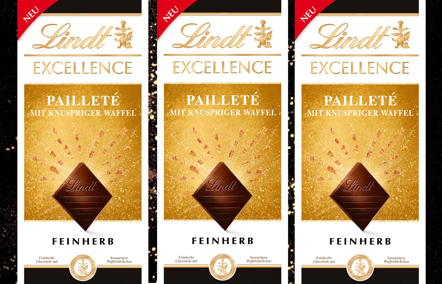 3x EXCELLENCE Pailleté mit knusprigen Waffelstückchen, 100g- LINDT | 3x 100 g Tafel | Edelbitter / Feinherb | 300g