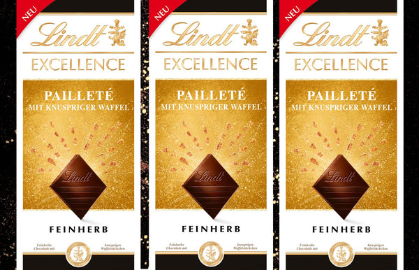 3x EXCELLENCE Pailleté mit knusprigen Waffelstückchen, 100g- LINDT | 3x 100 g Tafel | Edelbitter / Feinherb | 300g
