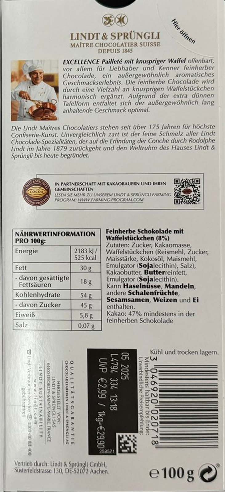 3x EXCELLENCE Pailleté mit knusprigen Waffelstückchen, 100g- LINDT | 3x 100 g Tafel | Edelbitter / Feinherb | 300g