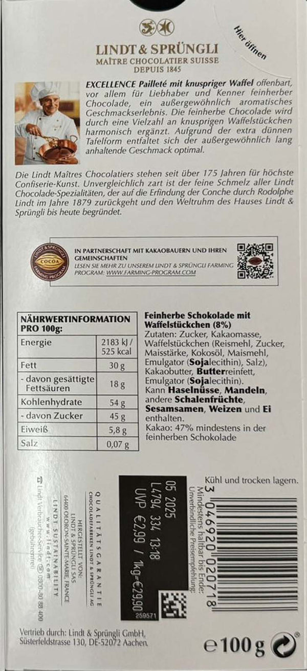 3x EXCELLENCE Pailleté mit knusprigen Waffelstückchen, 100g- LINDT | 3x 100 g Tafel | Edelbitter / Feinherb | 300g