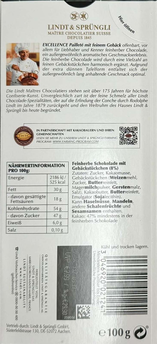 3x EXCELLENCE Pailleté mit feinem Gebäck, 100g- LINDT | 3x 100 g Tafel | Edelbitter / Feinherb | 300g