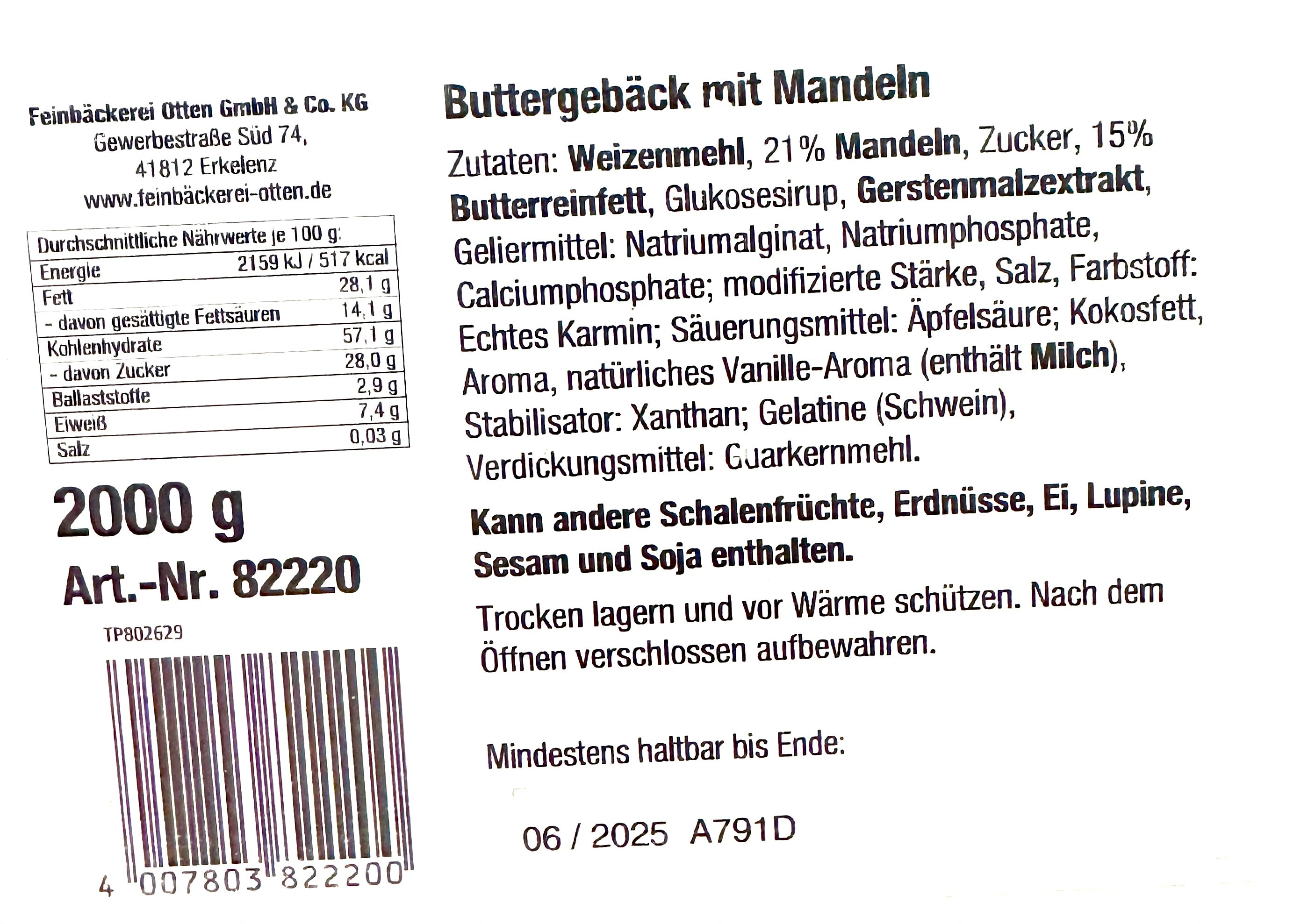 Feinbäckerei Otten Buttergebäck mit Mandel 2000g