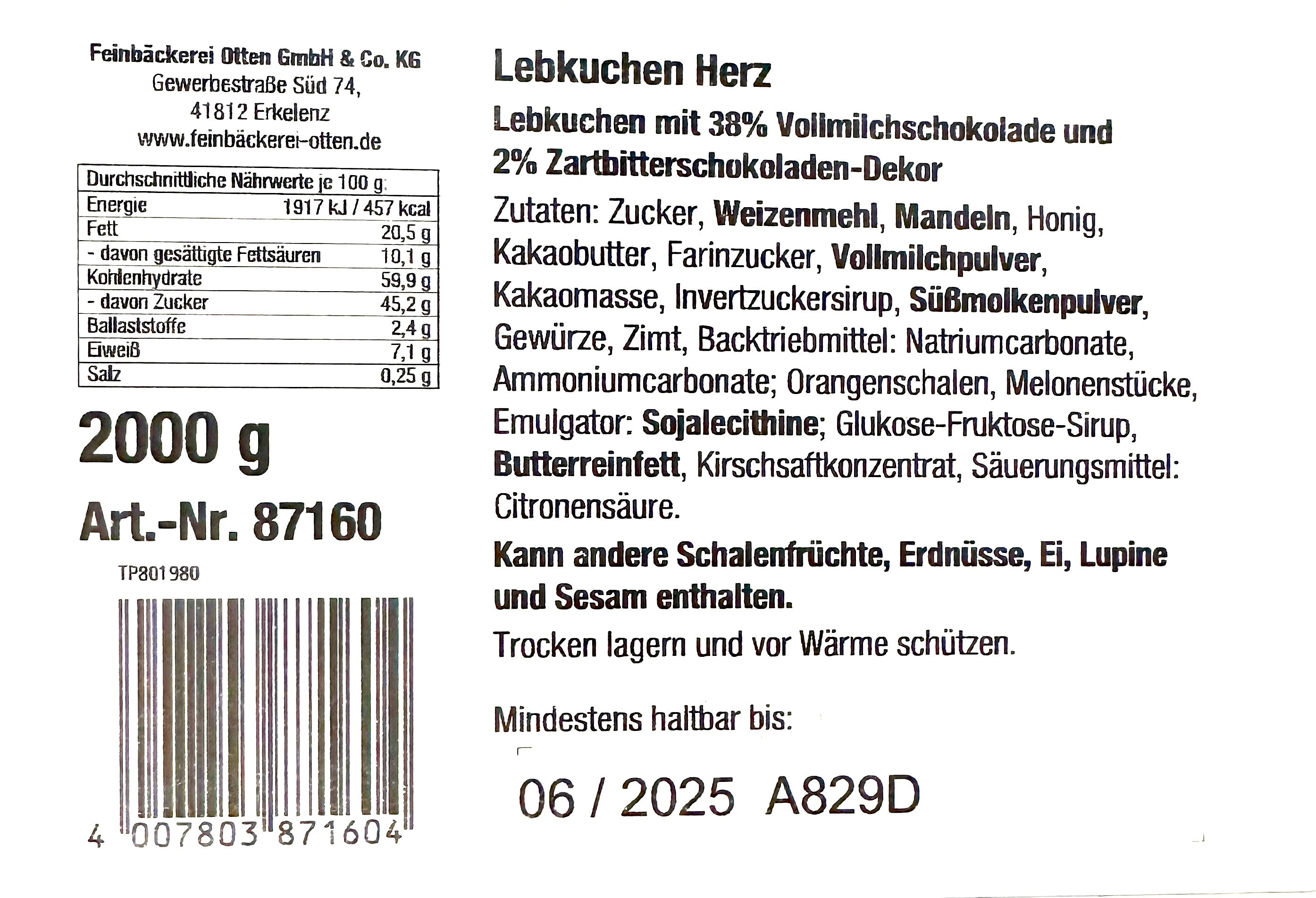 Feinbäckerei Otten Lebkuchen Herzen 2000g