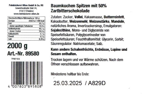 Feinbäckerei Otten Baumkuchenspitzen 50% Zartbitterschokolade 2000g