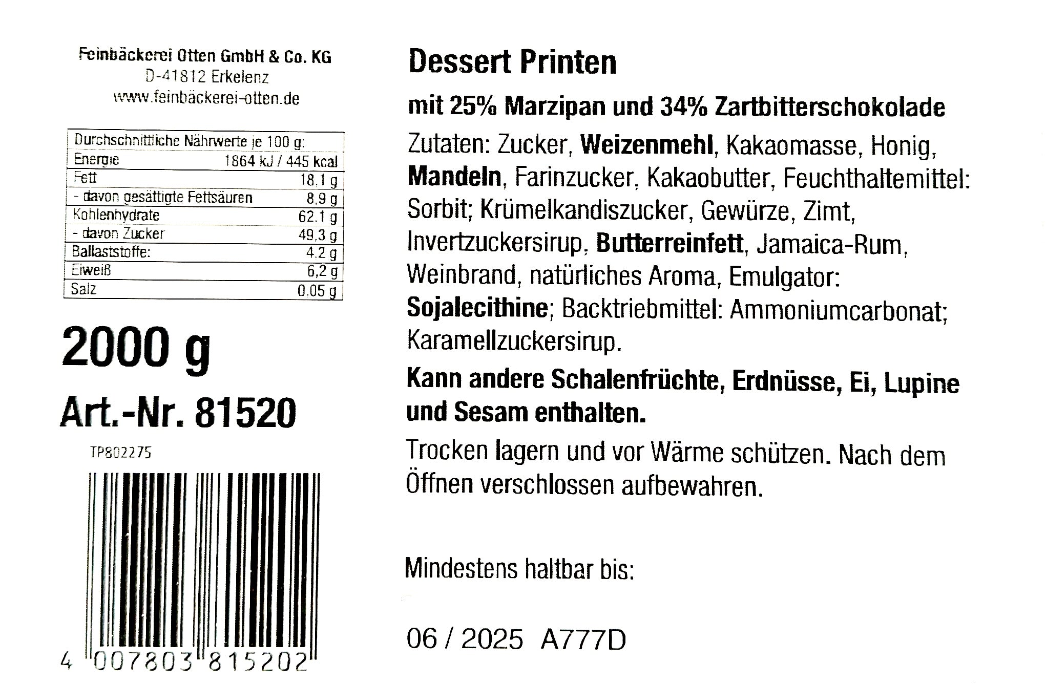 Feinbäckerei Otten Dessert Printen Zartbitter 2000g