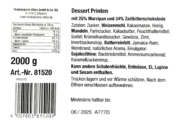 Feinbäckerei Otten Dessert Printen Zartbitter 2000g