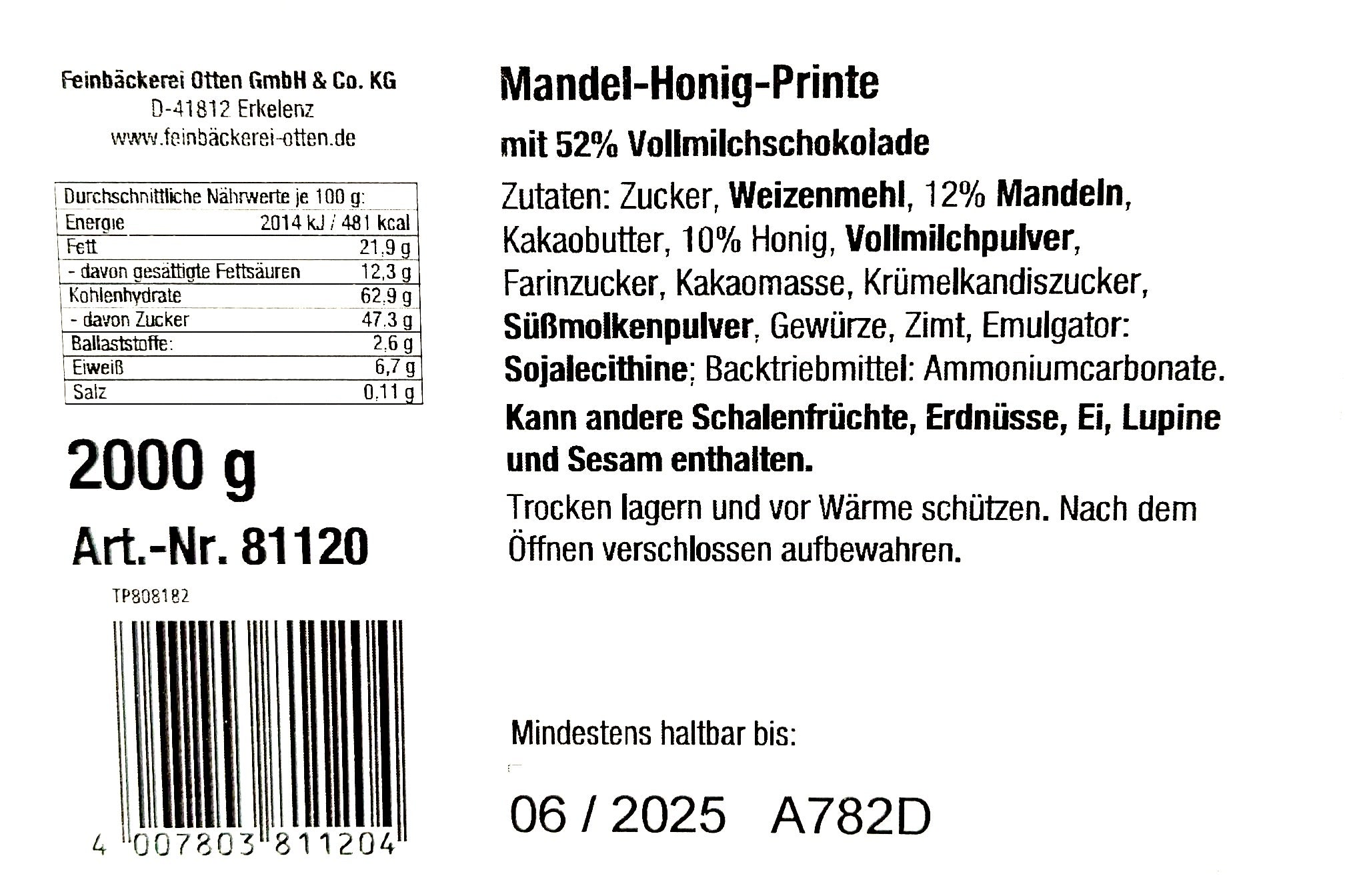 Feinbäckerei Otten Mandel-Honig Printen in 52% Volmilchschokolade 2000g