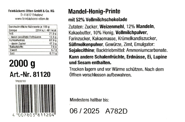 Feinbäckerei Otten Mandel-Honig Printen in 52% Volmilchschokolade 2000g