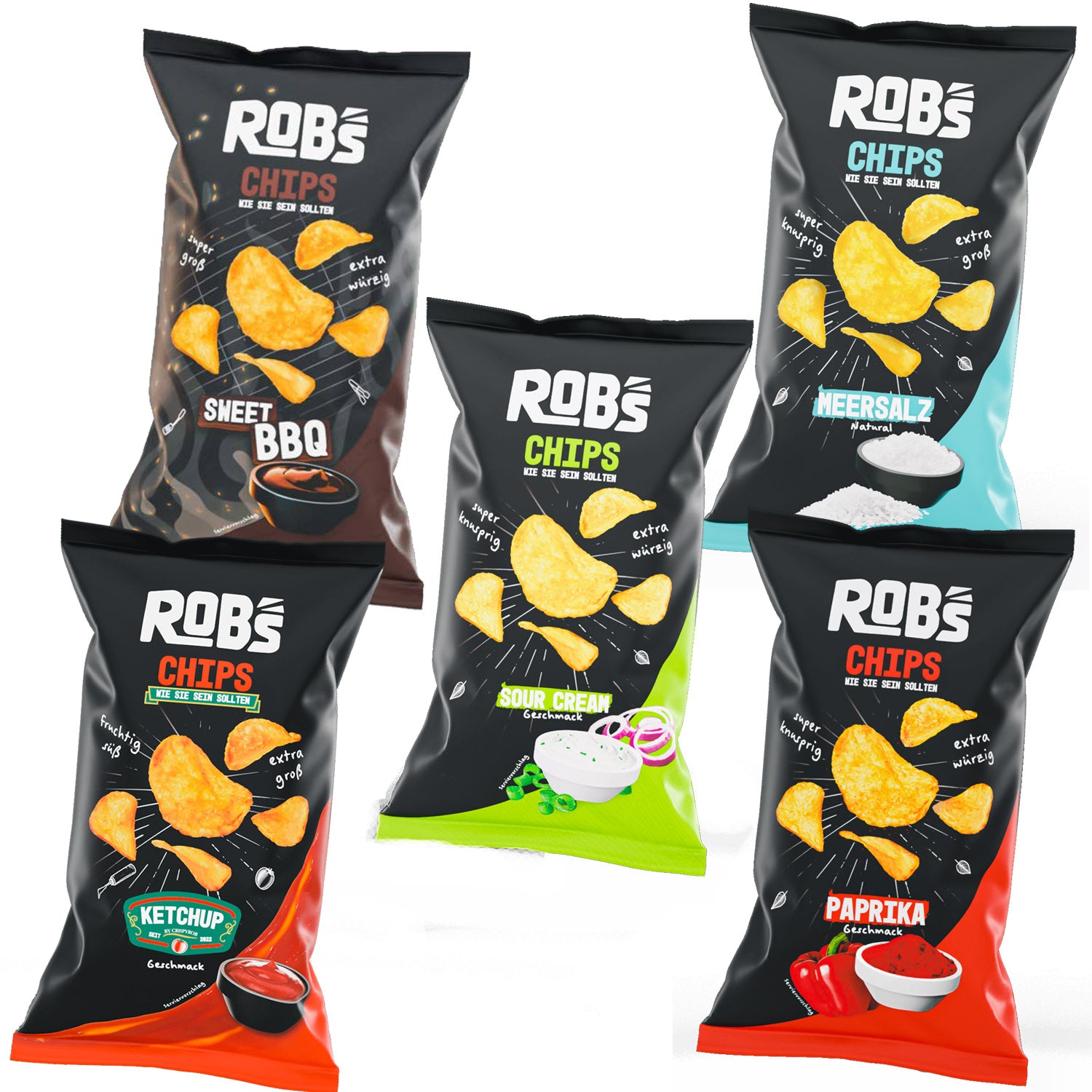 Rob's Chips Sweet BBQ, Ketchup, Paprika, Sour Cream, Meersalz, 5x 120g