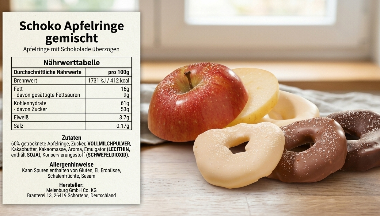 Meienburg Schoko Apfelringe | Vollmilch und Zartbitter und weißer Schokolade | 175g Beutel
