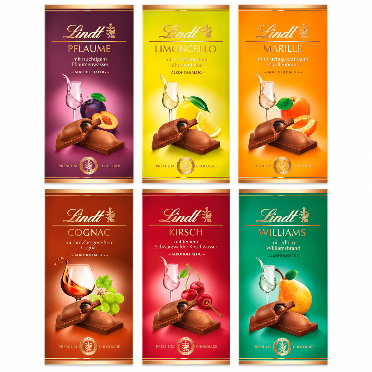 Lindt Alkohol-Spezialitäten Set Tafeln 6 x 100g