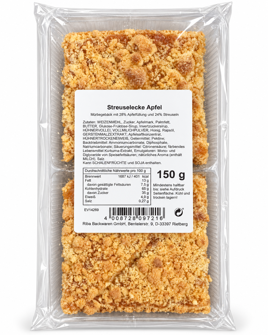 Streuselecke Apfel mit 28% Apfelfüllung und 24% Streuseln 150g