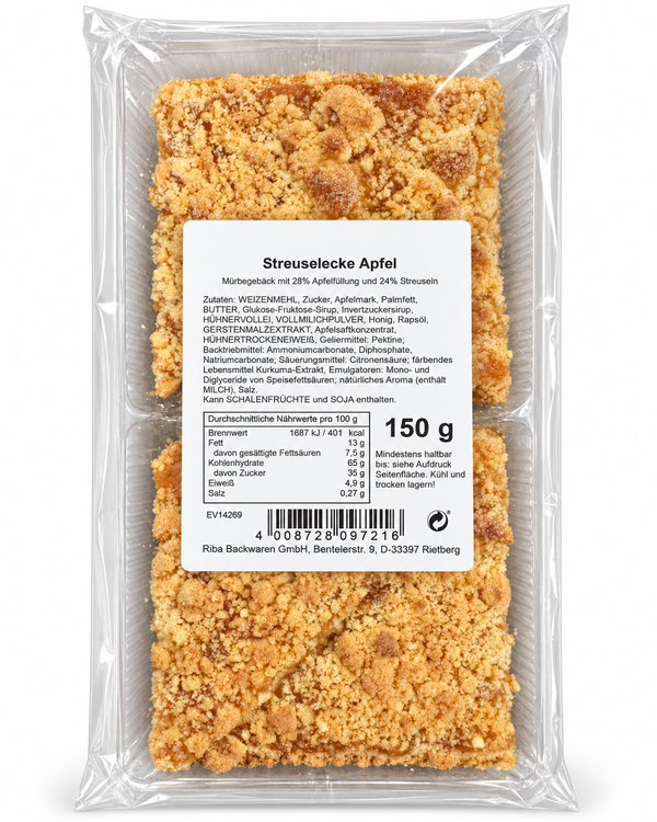 Streuselecke Apfel mit 28% Apfelfüllung und 24% Streuseln 150g