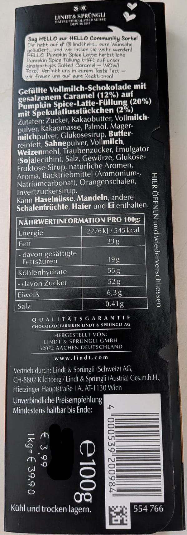 Lindt Hello Pumpkin Spice Latte | Limited Edition | 100g