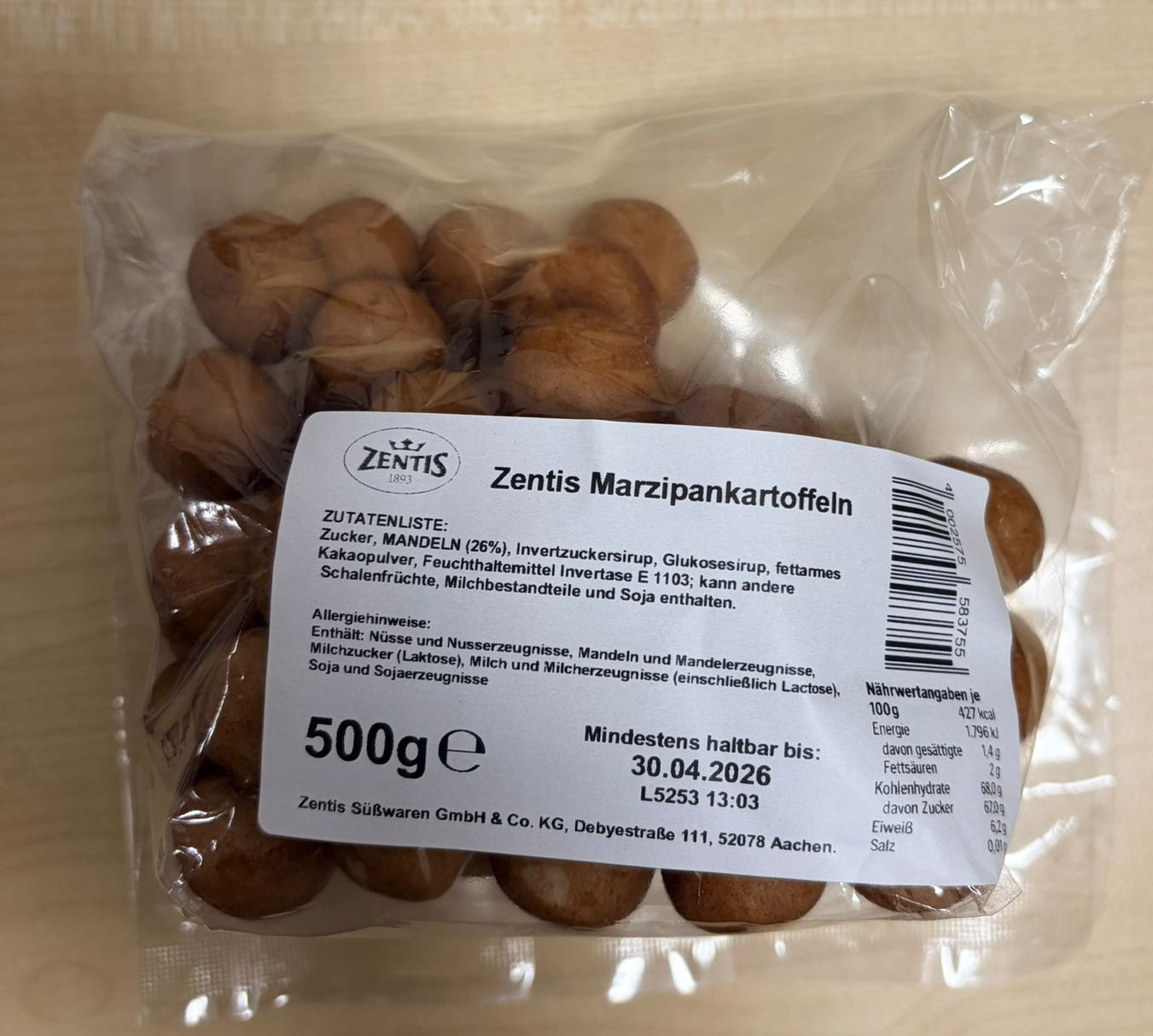 500g Zentis Marzipan Eier Kartoffeln gepudert im Beutel MHD: 30/04/2026