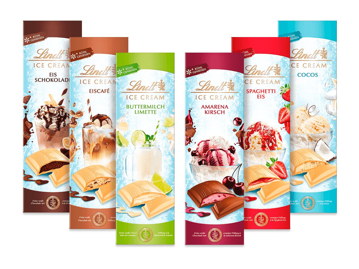 Lindt Sommertafeln Set (Eisschokolade,Buttermilch-Limette,Eiscafé,Amarena-Kirsch,Spaghetti-Eis,Cocos) 6x100g