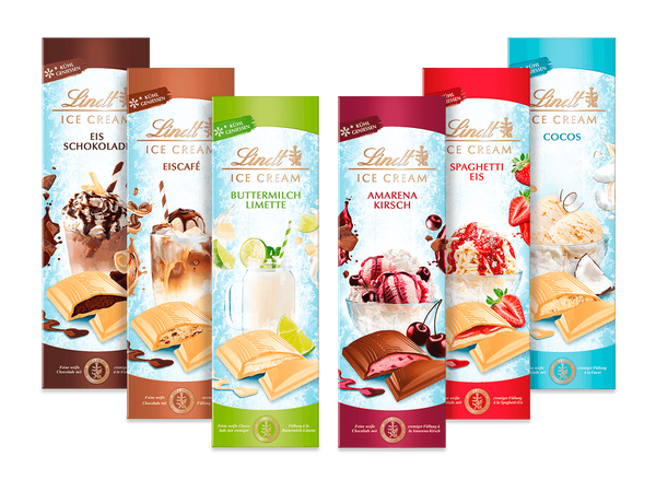 Lindt Sommertafeln Set (Eisschokolade,Buttermilch-Limette,Eiscafé,Amarena-Kirsch,Spaghetti-Eis,Cocos) 6x100g