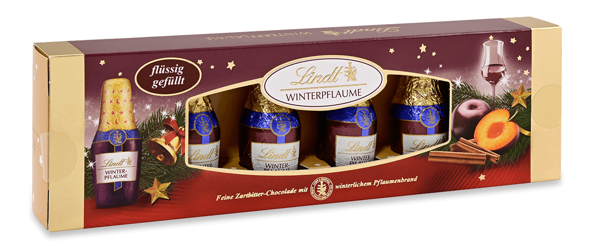 Lindt Alkohol Fläschchen Winterpflaume in Zartbitterschokolade 131g