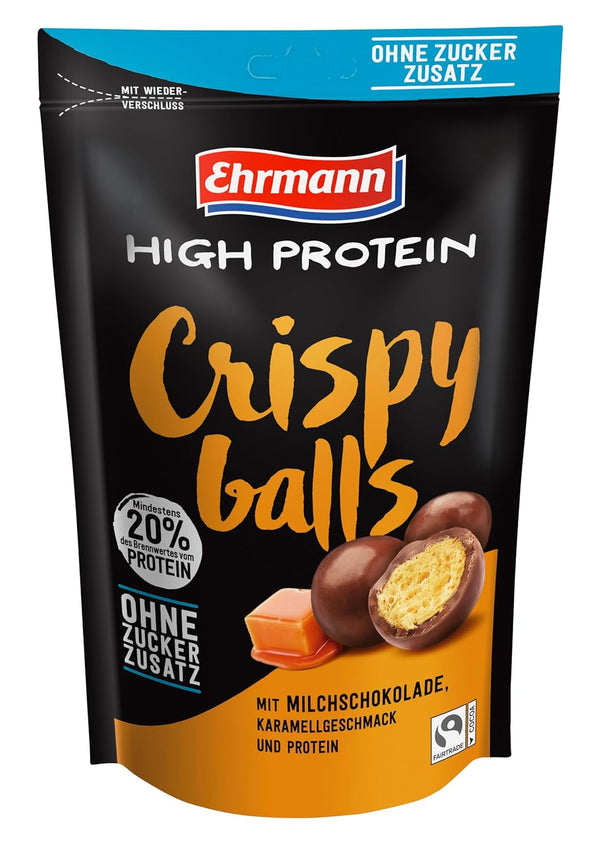 High Protein Crispy Balls in Karamell Milchschokoladel von Ehrmann 12x55g  Beutel = 660g