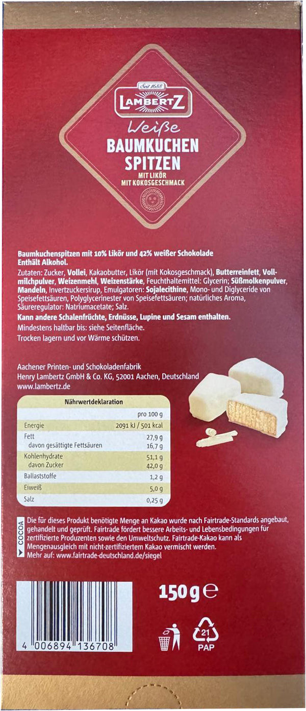 Weisse Baumkuchenspitzen  Kokos Likör in  white Choclate 450g