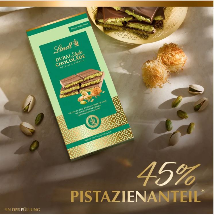 LINDT Dubai Style Chocolade Pistazie & Kadayif Vollmilch Schokolade der Dubai Taste 145g | MHD 11/25