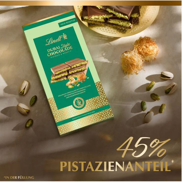 LINDT Dubai Style Chocolade Pistazie & Kadayif Vollmilch Schokolade der Dubai Taste 145g | MHD 11/25