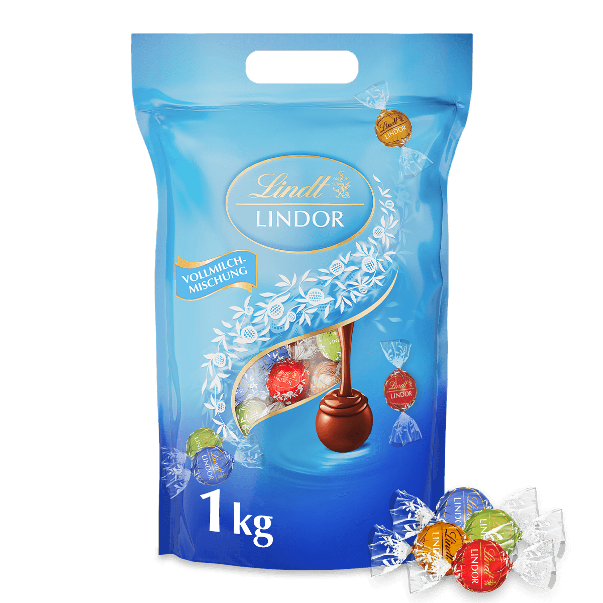 LINDOR Vollmilch Mischung 1 KG Beutel, 80 Kugeln in 4 Sorten (Milch, Pistazie, Milchcrème, Caramel) Lindt Schokolade