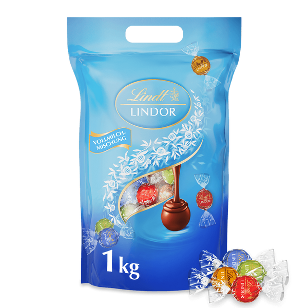 LINDOR Vollmilch Mischung 1 KG Beutel, 80 Kugeln in 4 Sorten (Milch, Pistazie, Milchcrème, Caramel) Lindt Schokolade