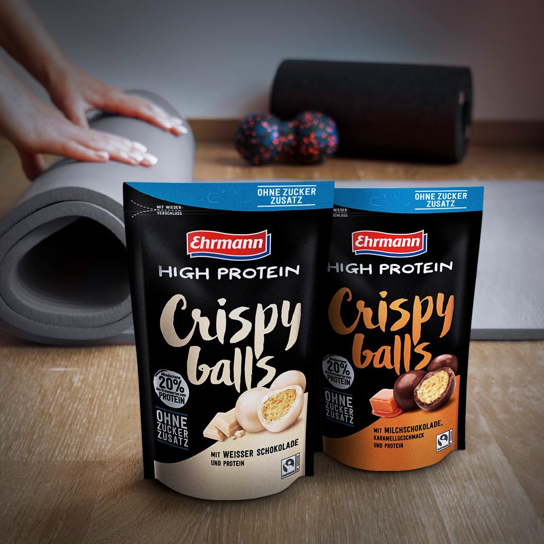 High Protein Crispy Balls in Weisse Schokolade ohne Zucker von Ehrmann 6x55g  Beutel