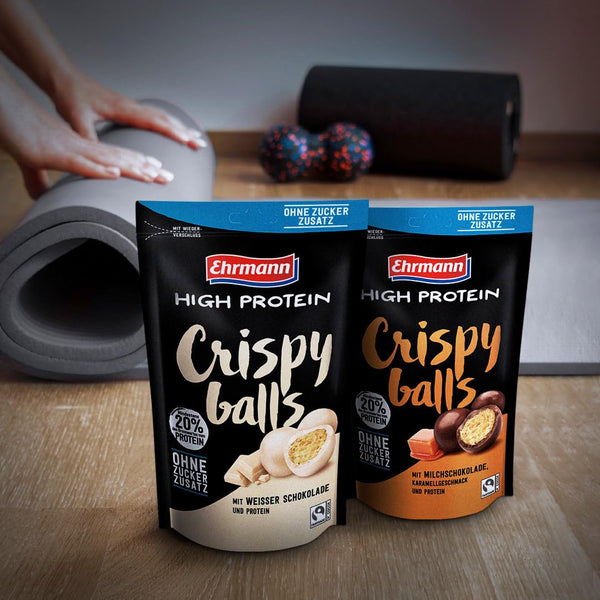 High Protein Crispy Balls in Weisse Schokolade ohne Zucker von Ehrmann 12x55g  Beutel