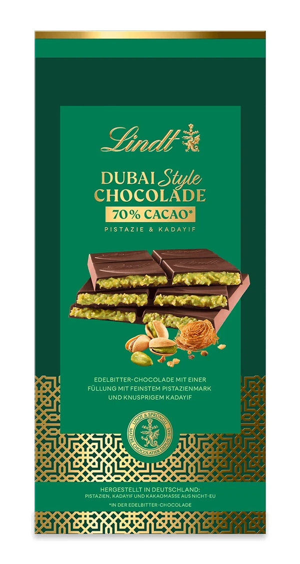 LINDT Dubai Style Dunkel 70% Chocolade Pistazie & Kadayif 70% dunkle Schokolade der Dubai Taste 145g | MHD 12/25 (Kopie)