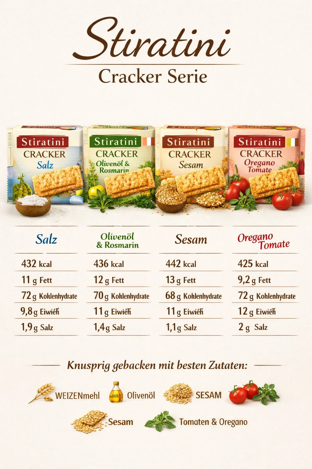 Stiratini | Cracker MIX mit Salz, Sesam, Tomate, Rosmarin | 4x 250g | 1000g